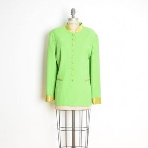 vintage 90s blazer jacket lime green crepe satin button up Mandarin collar L XL